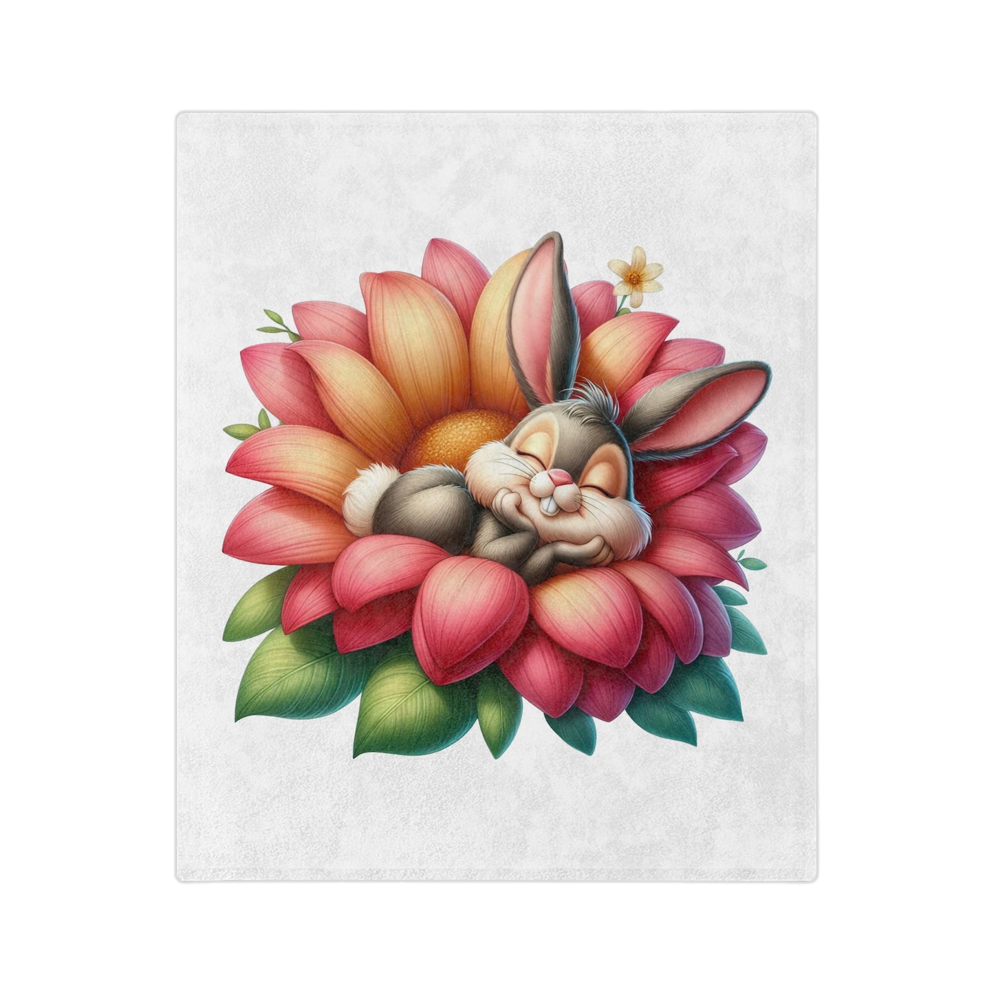 White velveteen blanket with a central illustration of a cute gray bunny rabbit sleeping peacefully curled up inside the petals of a large, colorful orange and pink flower with green leaves.


