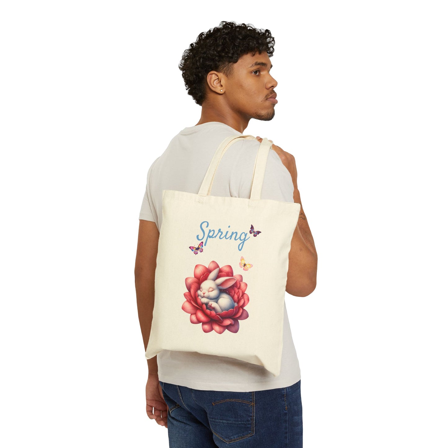 Adorable Sleeping Bunny & Floral Canvas Tote Bag