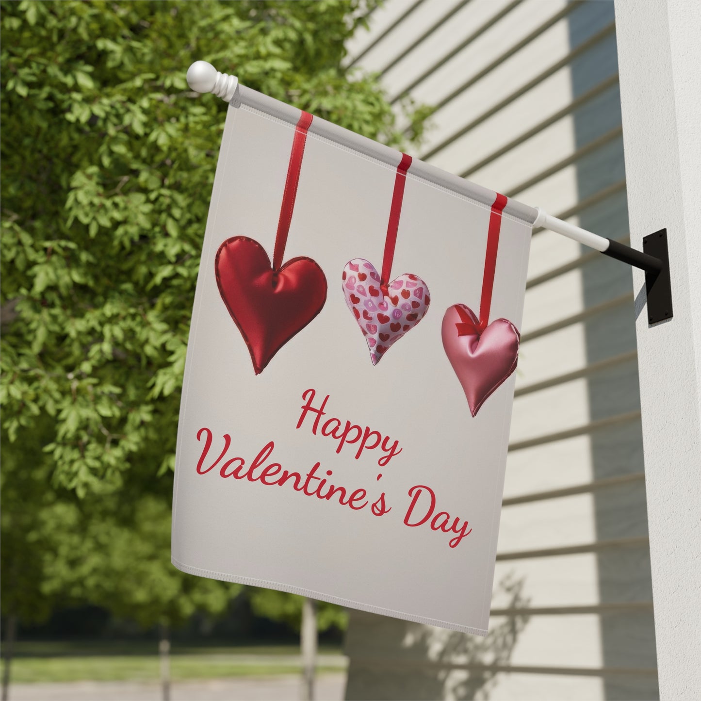 Elegant Red & Pink Hanging Hearts Valentine Garden Flag
