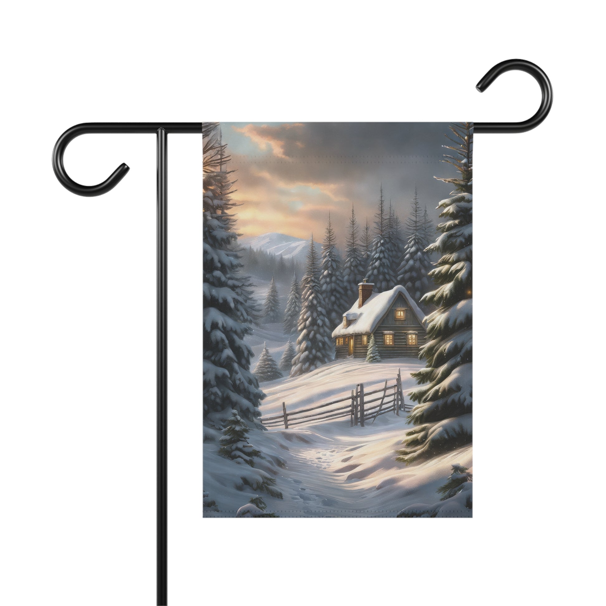 Rustic snowy log cabin garden flag with evergreen trees, a wooden fence, and a winding snowy path, peaceful winter landscape outdoor decor.

