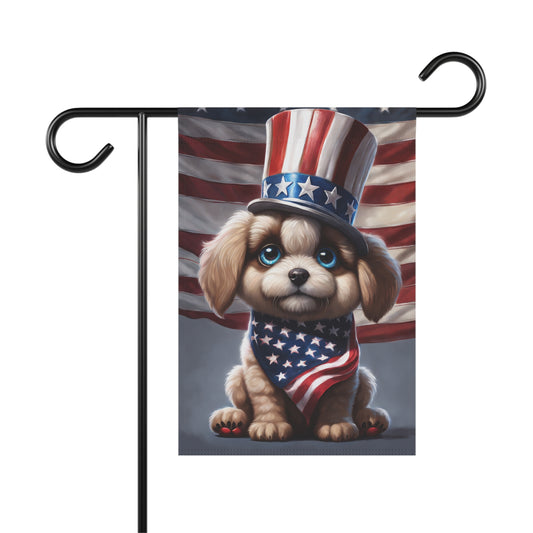 Cute puppy garden flag wearing an Uncle Sam hat and patriotic bandana, with an American flag background, 4th of July decor, dog lover gift.

