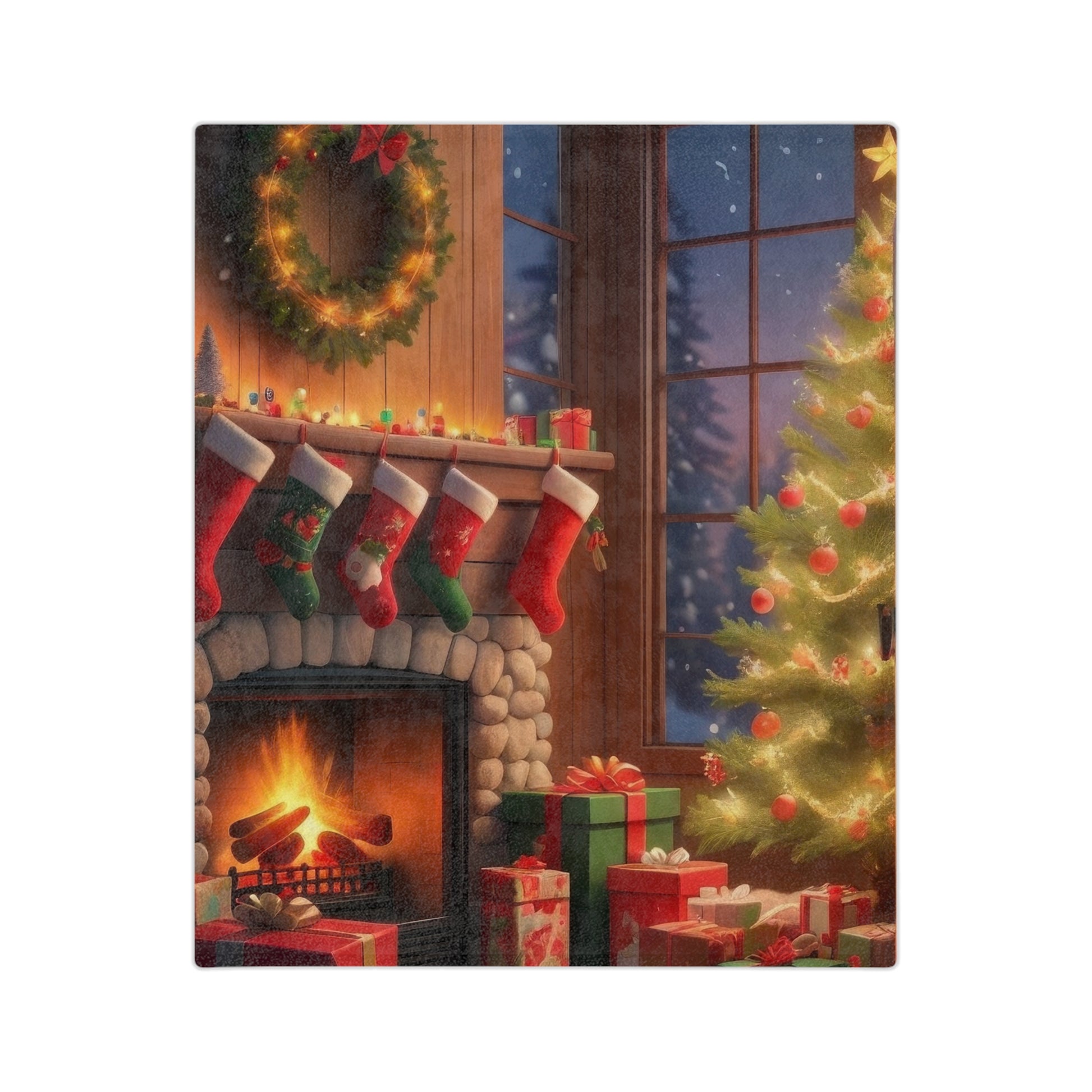 Velveteen plush blanket featuring a cozy Christmas fireplace with stockings, a lit Christmas tree, and wrapped holiday gifts