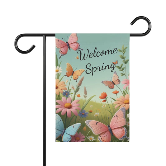 Spring garden flag with butterflies and wildflowers, Welcome Spring banner