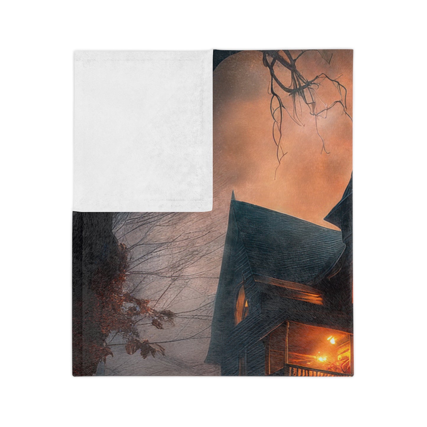 Haunted House & Fiery Orange Moon Halloween Plush Blanket
