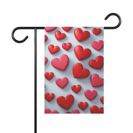 Valentine’s Day garden flag with red and pink hearts on light background, romantic outdoor yard decoration