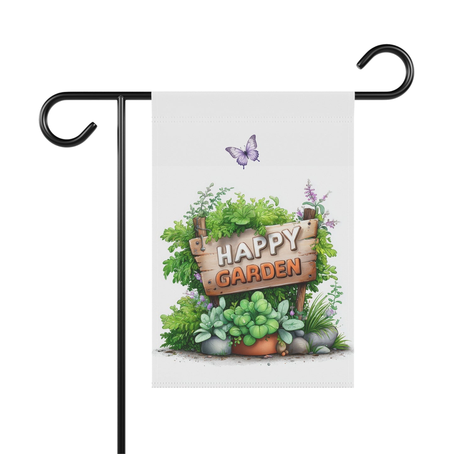 Whimsical garden flag featuring a rustic wooden sign that reads Happy Garden, surrounded by lush green plants, potted succulents, river rocks, small purple flowers, and a flying purple butterfly.