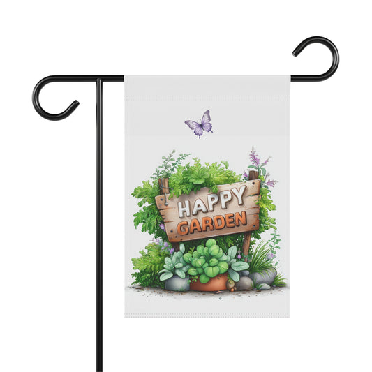 Whimsical garden flag featuring a rustic wooden sign that reads Happy Garden, surrounded by lush green plants, potted succulents, river rocks, small purple flowers, and a flying purple butterfly.