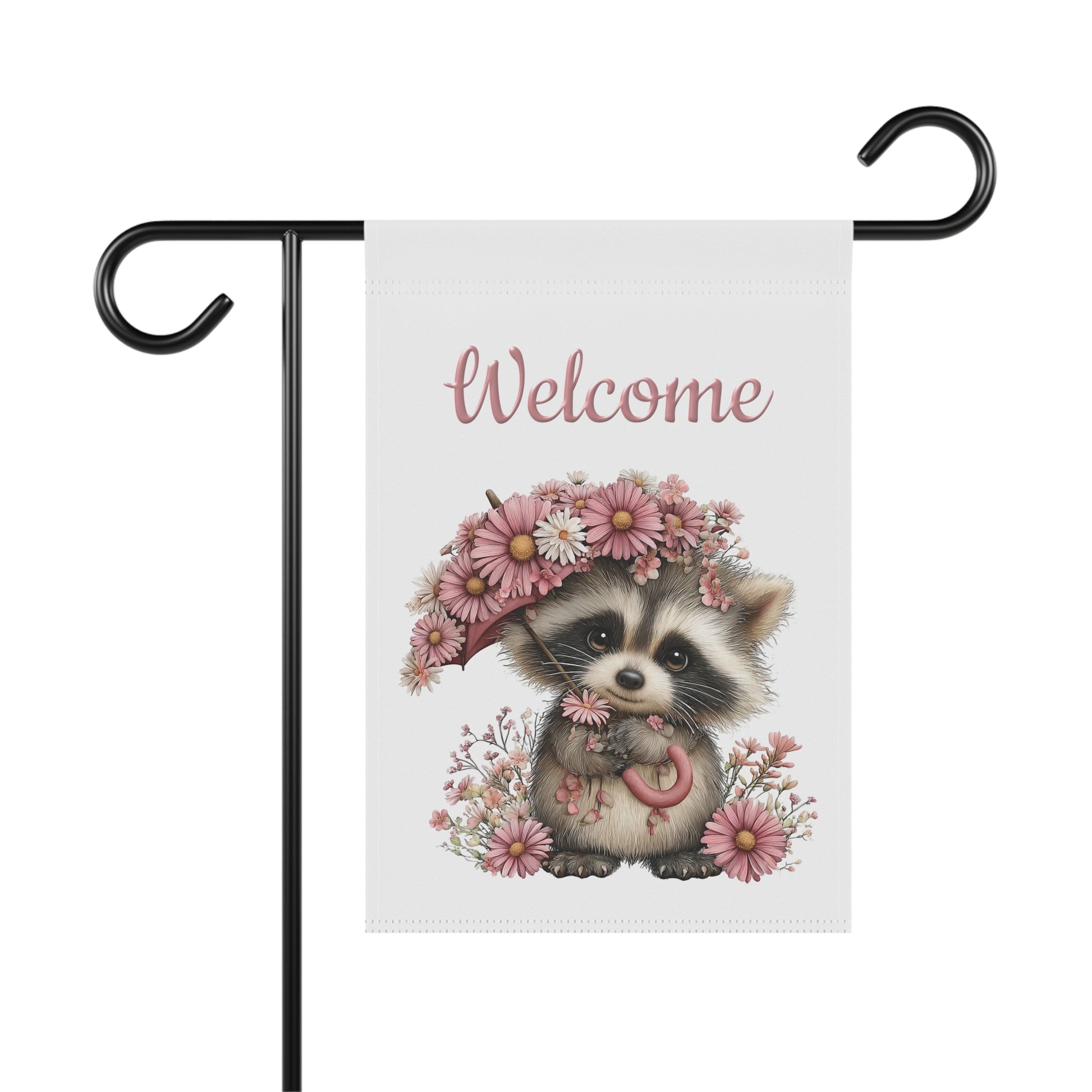 Spring garden flag featuring an adorable baby raccoon holding a pink floral-covered umbrella surrounded by pink daisies beneath pink script text reading Welcome.