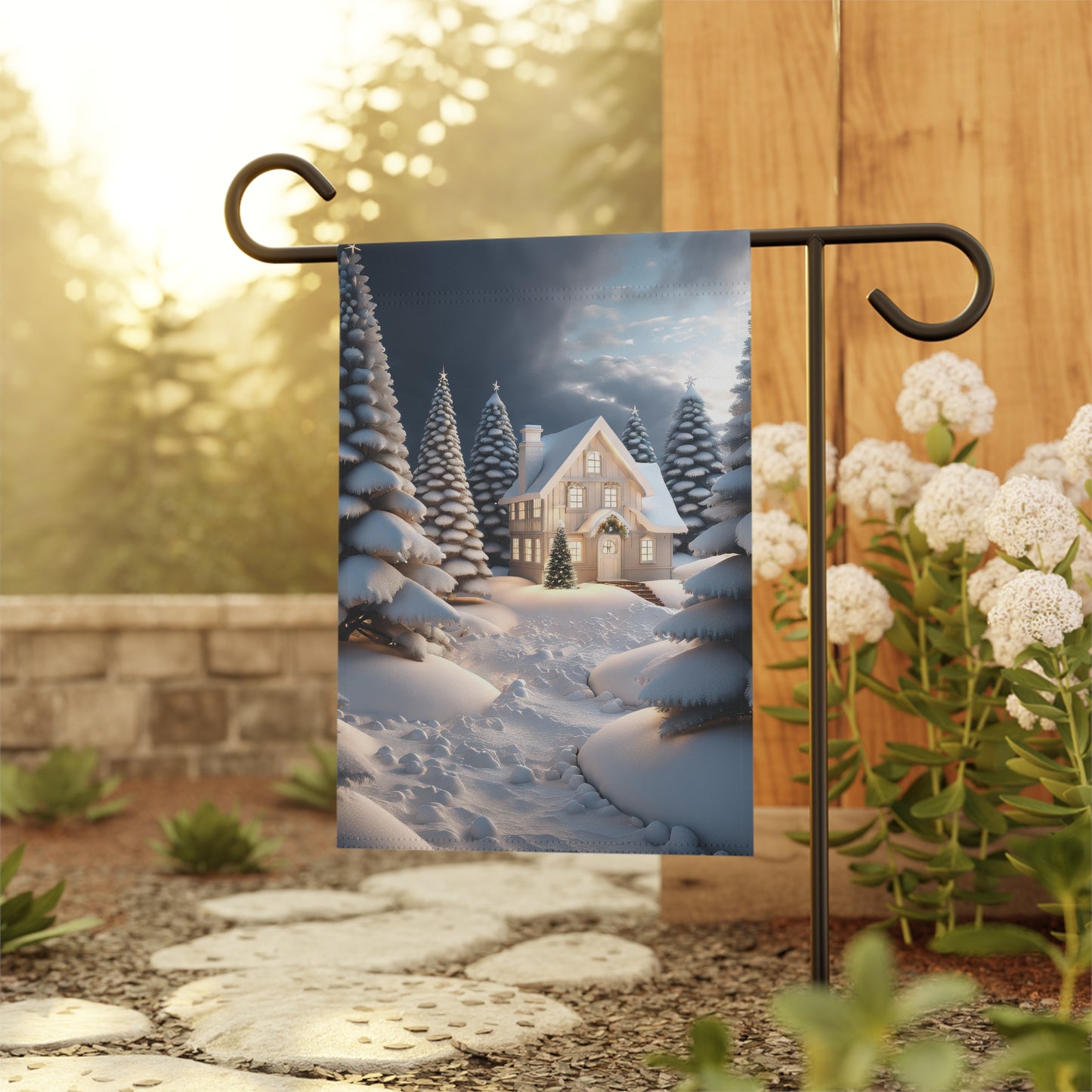 Peaceful Snowy Cabin Garden Flag