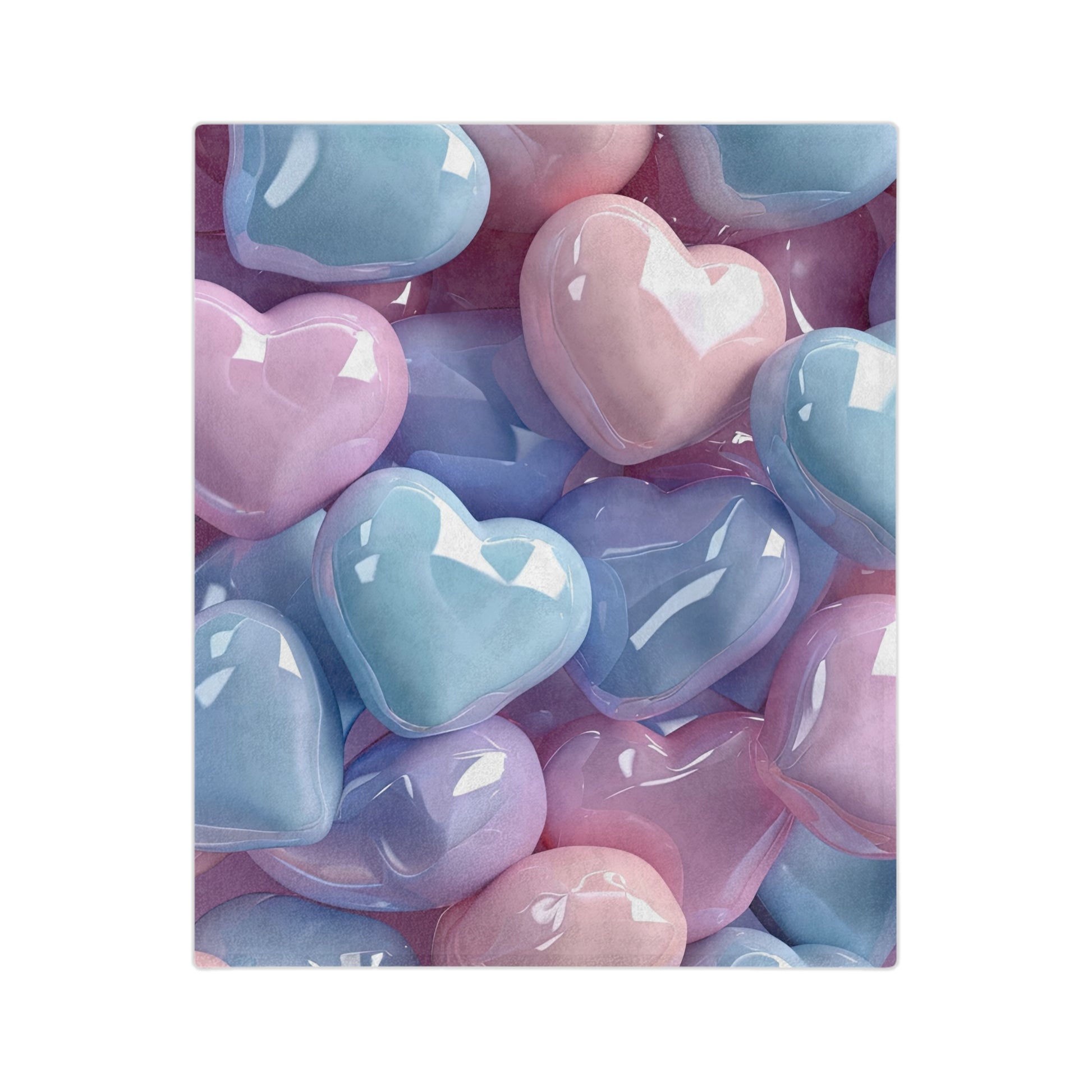 Velveteen blanket with a pattern of soft, plump, glossy hearts in pastel shades of light blue, pink, and lavender, appearing piled together.

