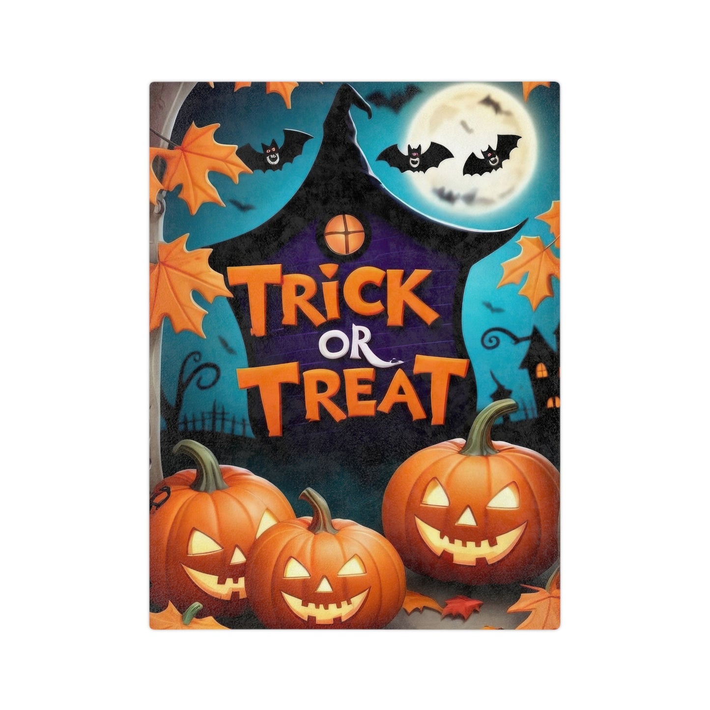 Halloween blanket with "Trick or Treat" haunted house, full moon, bats, and three glowing jack-o'-lanterns, spooky fall decor.

