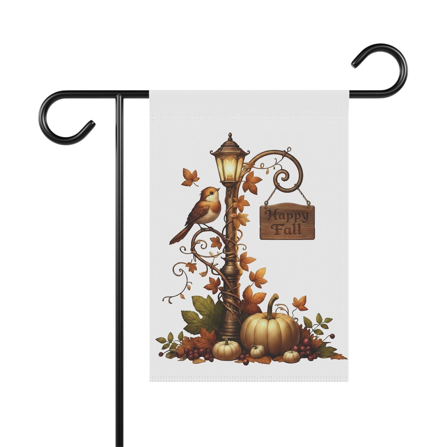 Whimsical autumn garden flag featuring a vintage lamppost with a glowing lantern, a cute brown bird perched on the ironwork, a hanging wooden Happy Fall sign, and pumpkins at the base.