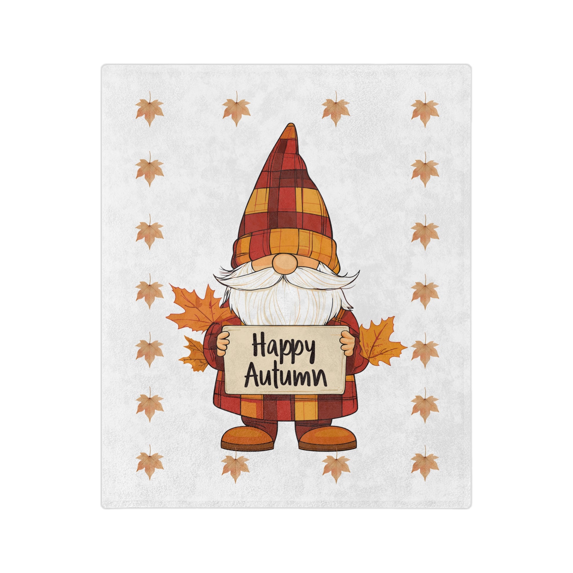 Lightweight velveteen blanket featuring a cartoon gnome with a plaid hat, a white beard, and a sign that says "Happy Autumn," surrounded by fall leaves.

