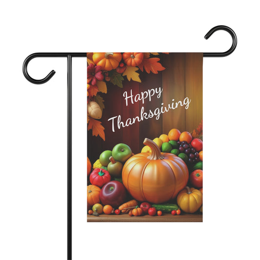 Thanksgiving garden flag with pumpkins, apples, grapes, and fall leaves on wood background with Happy Thanksgiving text