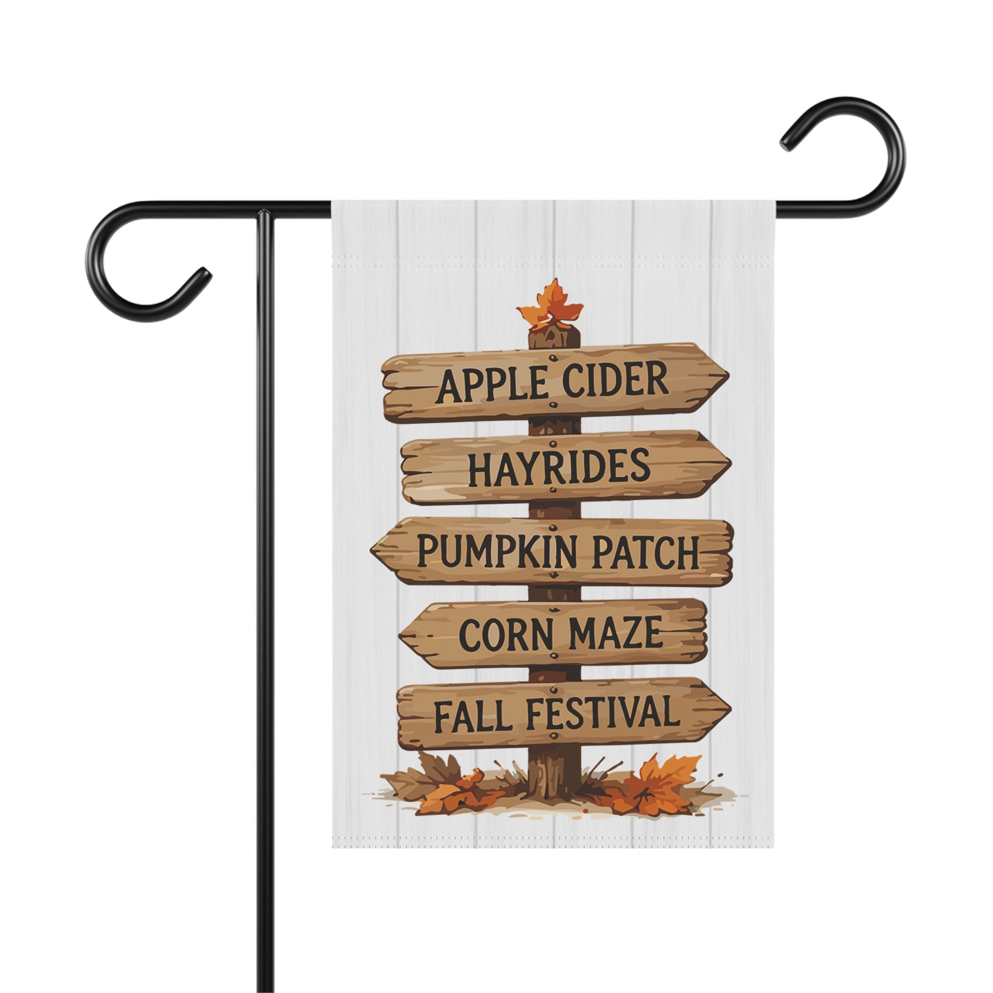 Autumn garden flag with a white shiplap wood plank background, featuring a rustic wooden directional signpost pointing towards Apple Cider, Hayrides, Pumpkin Patch, Corn Maze, and Fall Festival, decorated with fallen orange leaves at the base.