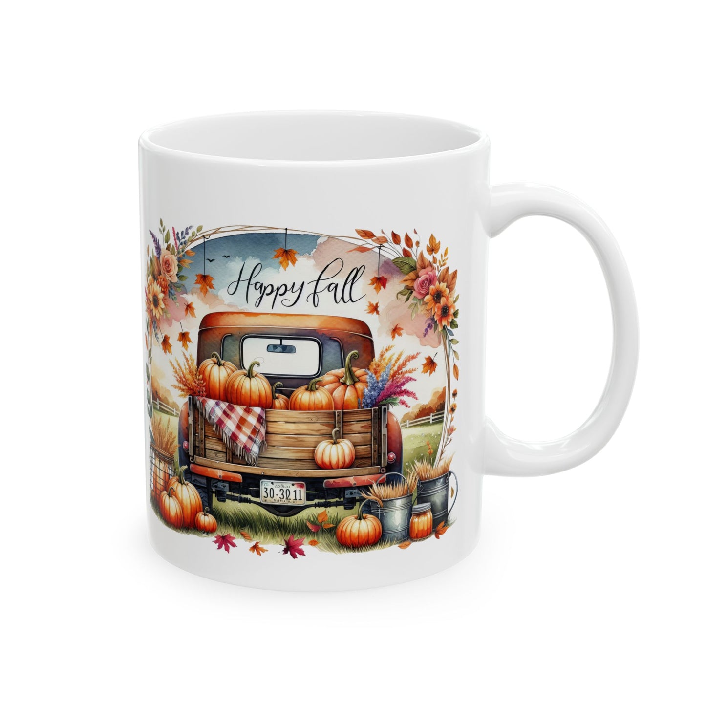 Celebrate the season with our "Happy Fall" coffee mug featuring a charming pumpkin-filled vintage truck. Perfect for autumn sips and a lovely fall gift!