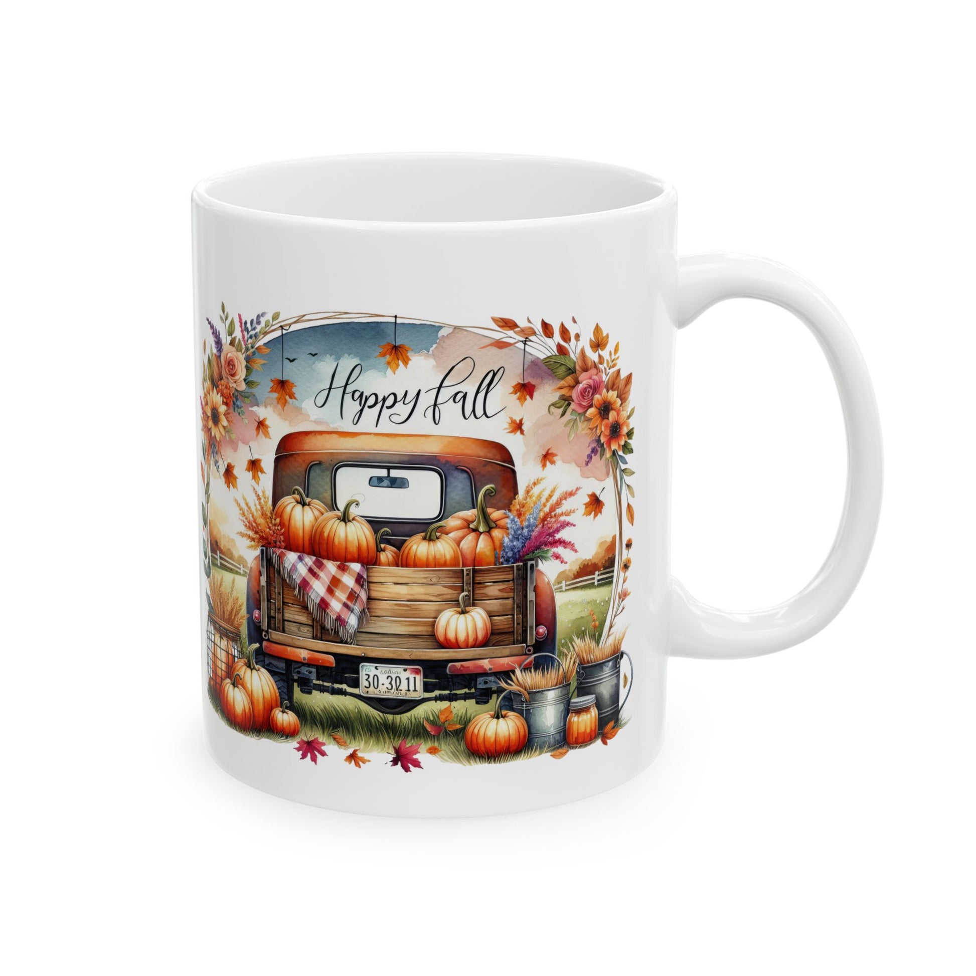 Celebrate the season with our "Happy Fall" coffee mug featuring a charming pumpkin-filled vintage truck. Perfect for autumn sips and a lovely fall gift!