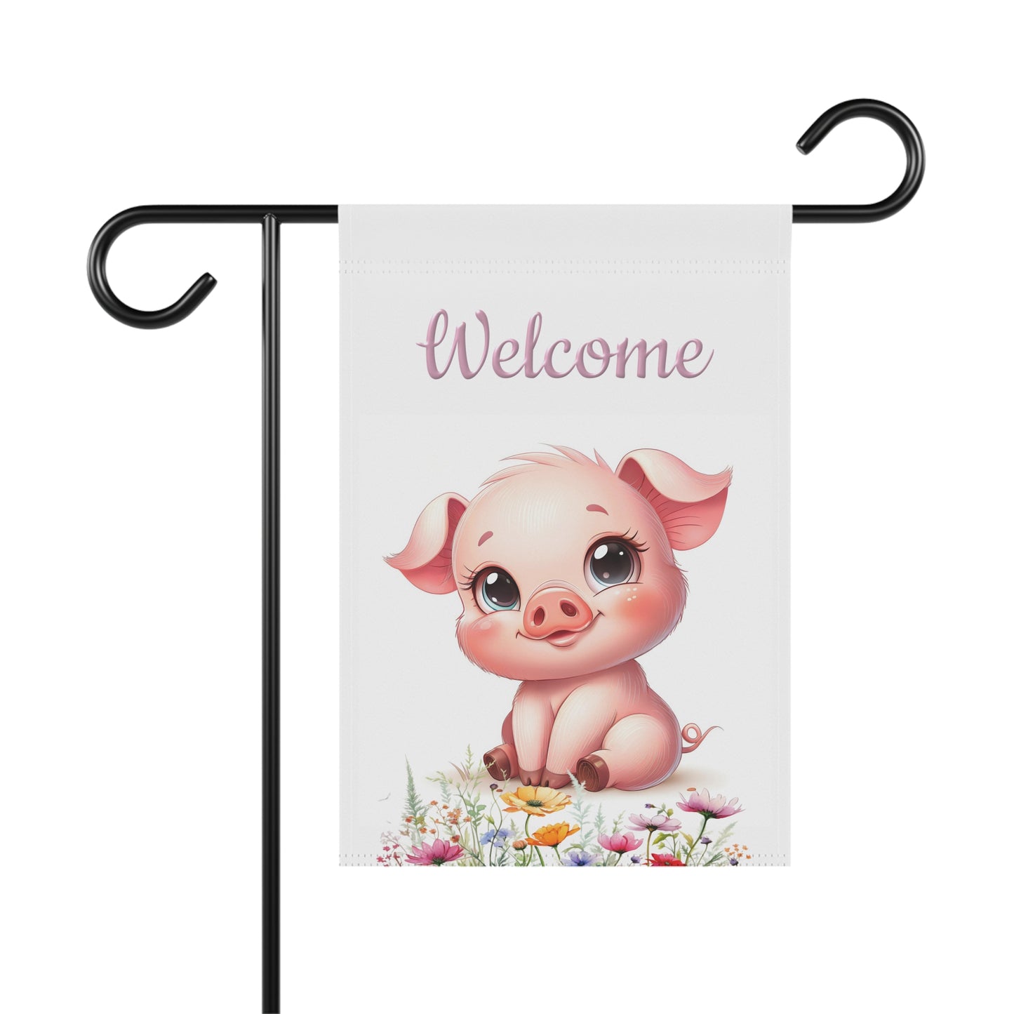 Welcome garden flag featuring a cute pig and spring flowers displayed on a metal yard stand, Cute piggy outdoor yard flag for front porch and garden decor, Seasonal pig welcome garden flag