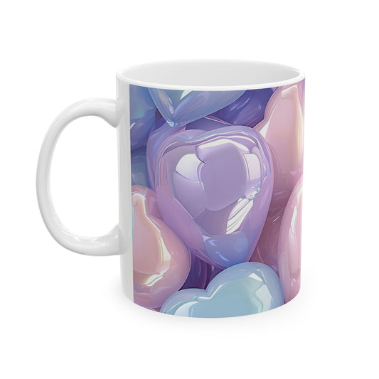 White ceramic coffee mug with a vibrant wraparound print of numerous glossy, iridescent hearts in shades of purple, pink, blue, and peach, appearing bubble-like and reflective