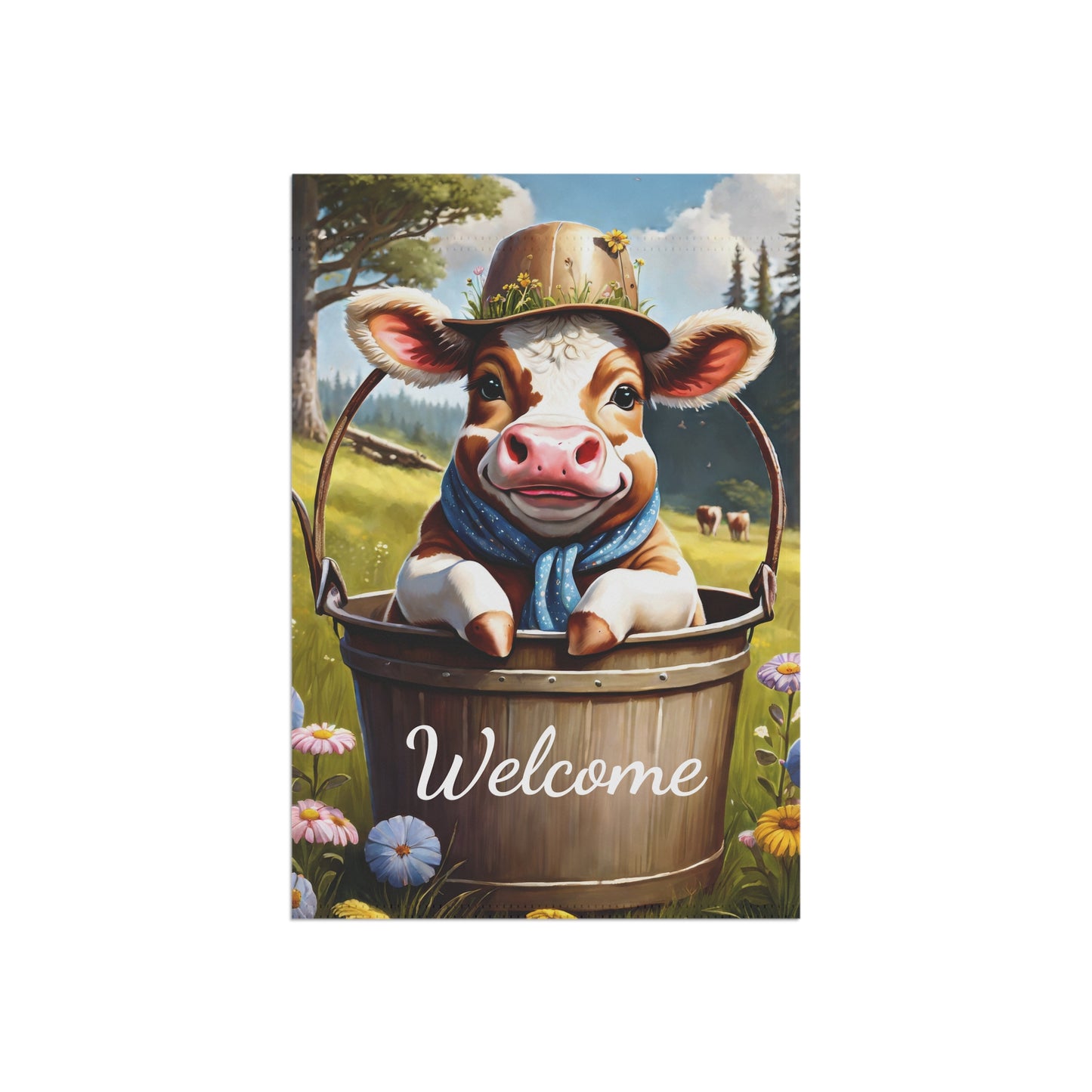 Welcome Garden Flag with Cute Cow in Bucket