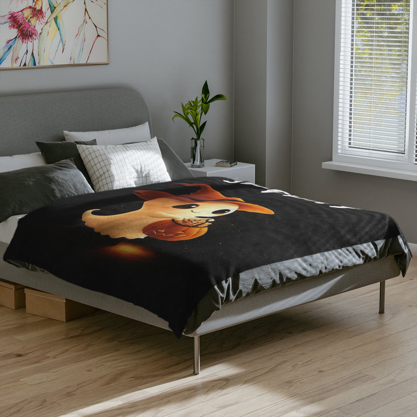 Adorable Spooky Ghost with Pumpkin Halloween Plush Blanket