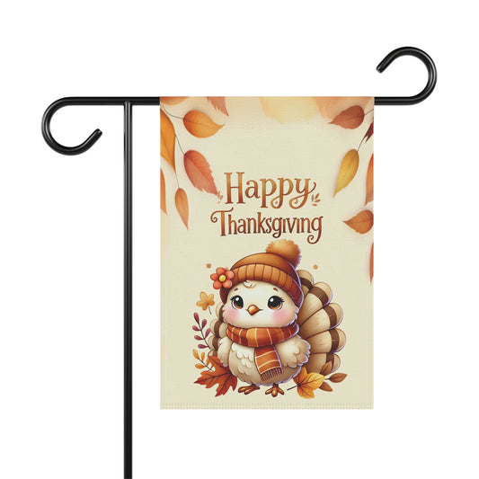 Thanksgiving garden flag with cute turkey in scarf and hat, Happy Thanksgiving text, fall leaves