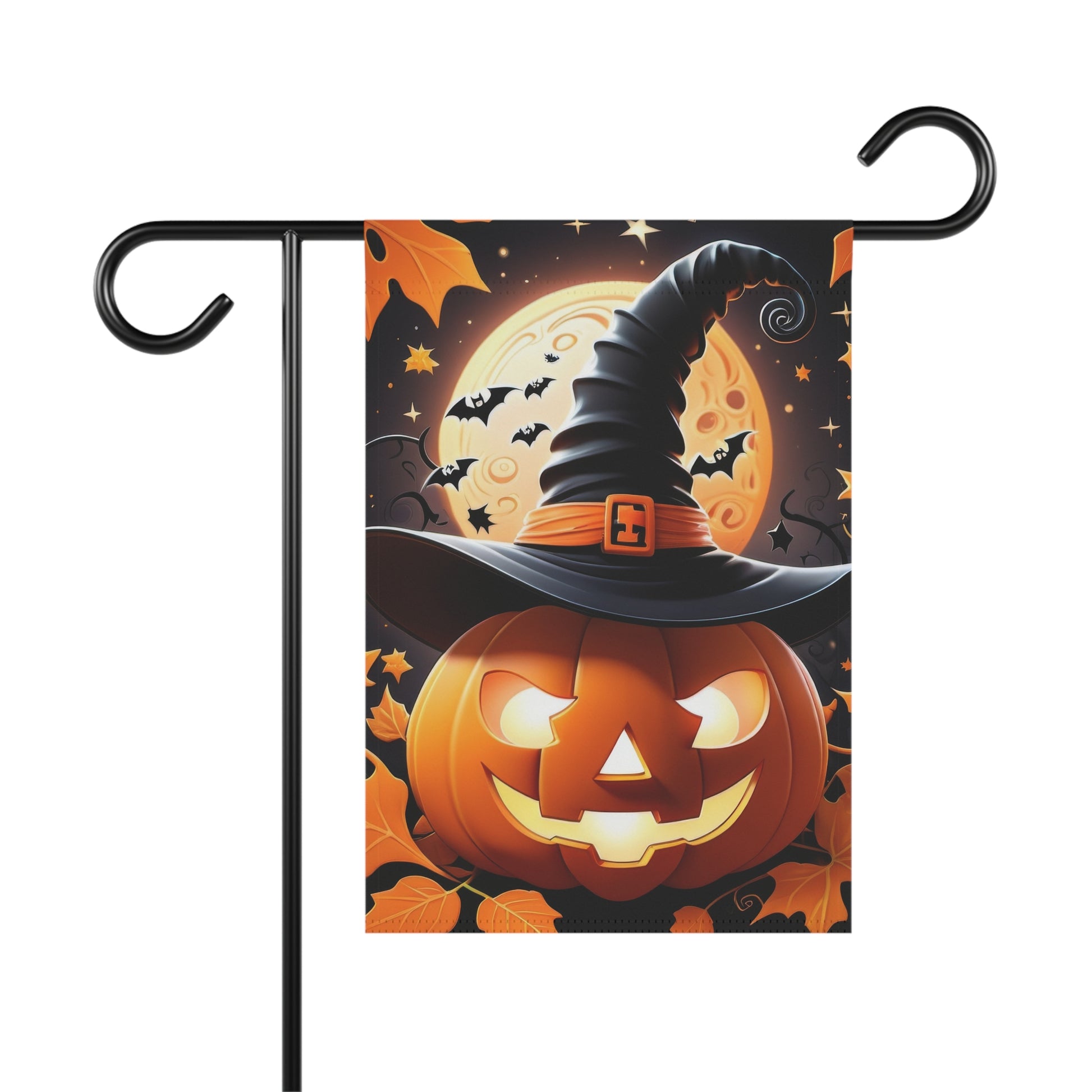 “Smiling pumpkin with witch hat Halloween garden flag under full moon with bats”
