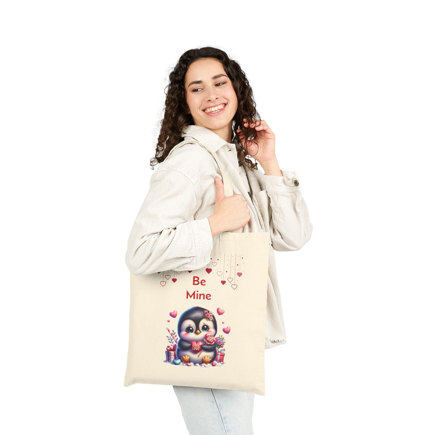 Be Mine Penguin Canvas Tote Bag with Love Heart Candy