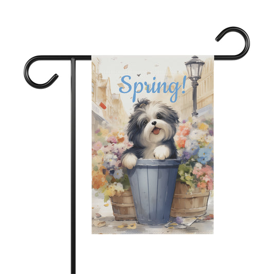 "Spring!" Garden Flag with Cute Dog in Flower Pot
