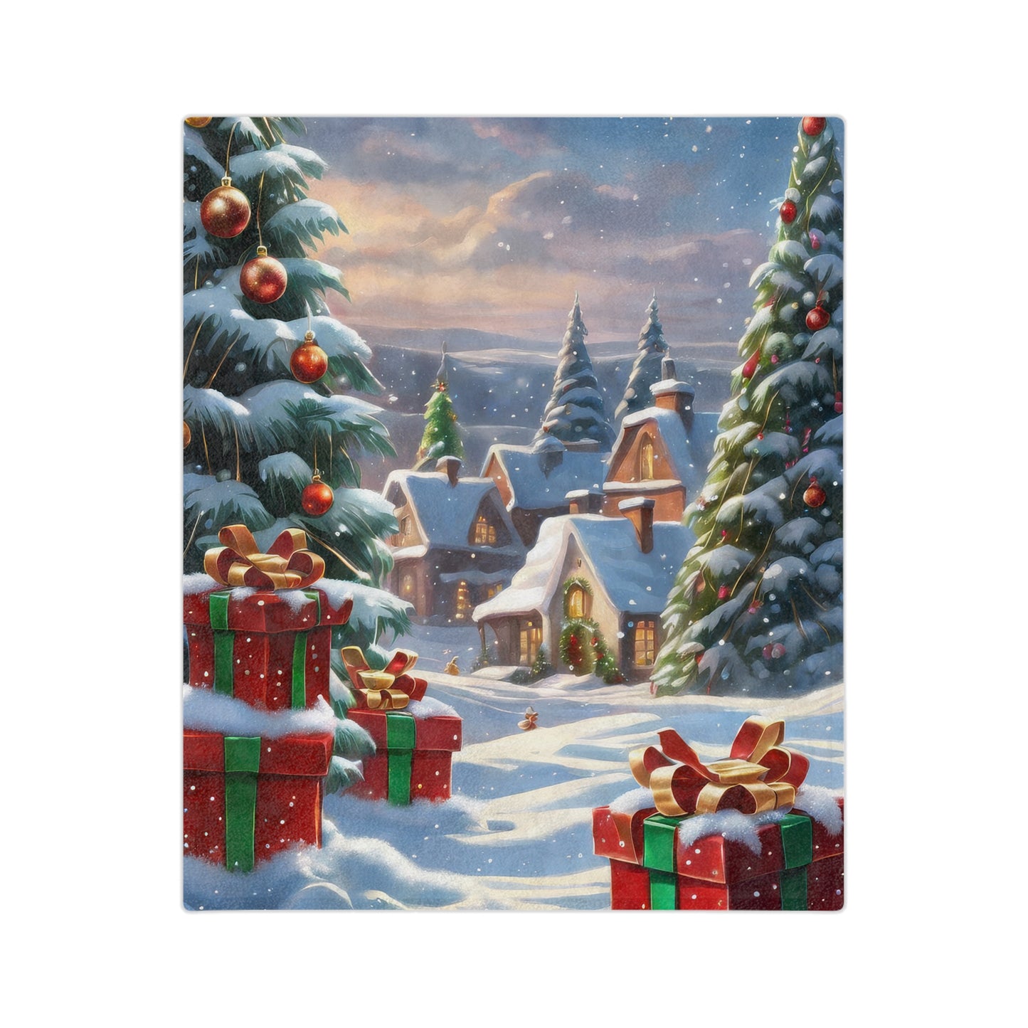 Snowy Christmas blanket with gift boxes, decorated trees, and falling snow on plush velveteen fabric