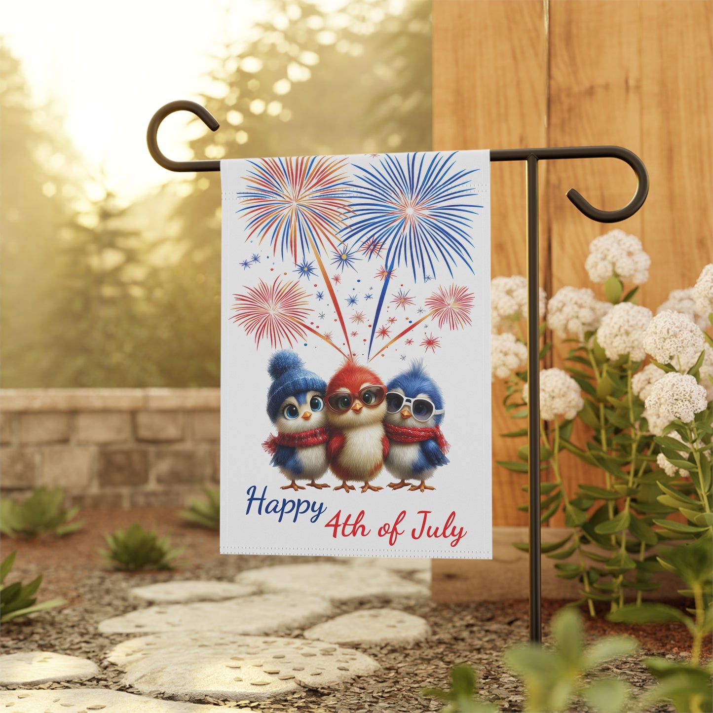 Cute Bird Trio Patriotic 4th of July Garden Flag