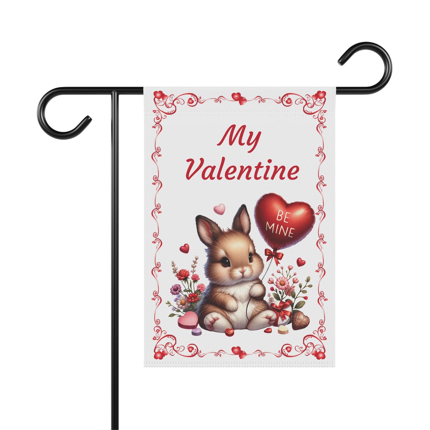 Valentine’s Day garden flag featuring a cute bunny with a red heart balloon and romantic border, flowers, and candy on a white background
