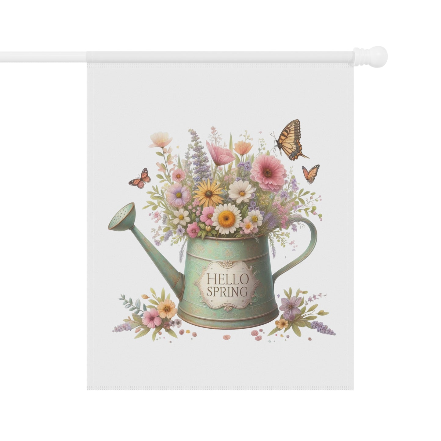 "Hello Spring" Watering Can Garden Flag with Floral Bouquet