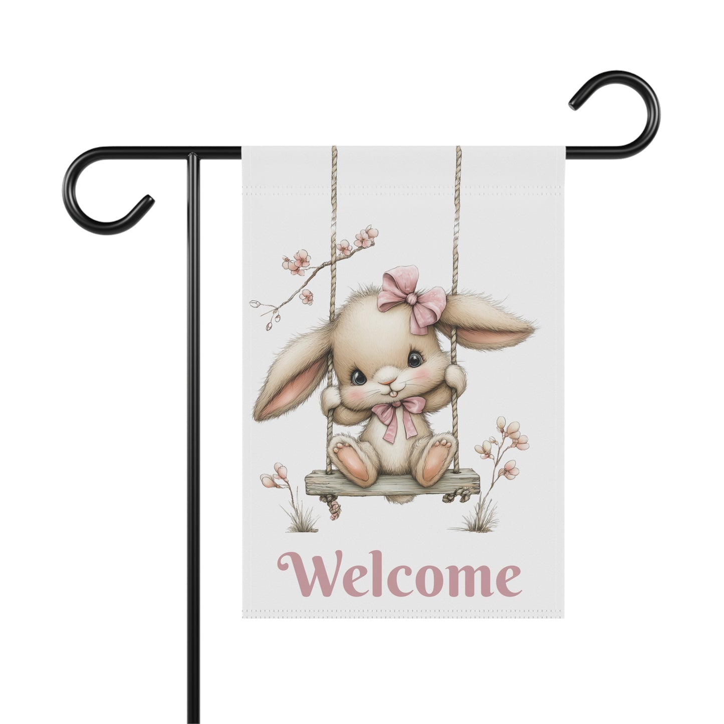 Cute bunny with pink bows sitting on a rope swing under blossom branches with Welcome text on a white garden flag, Outdoor spring garden flag on a metal stand featuring cute bunny on a swing artwork with Welcome lettering, Cute bunny Welcome yard flag for outdoor front porch and garden decor