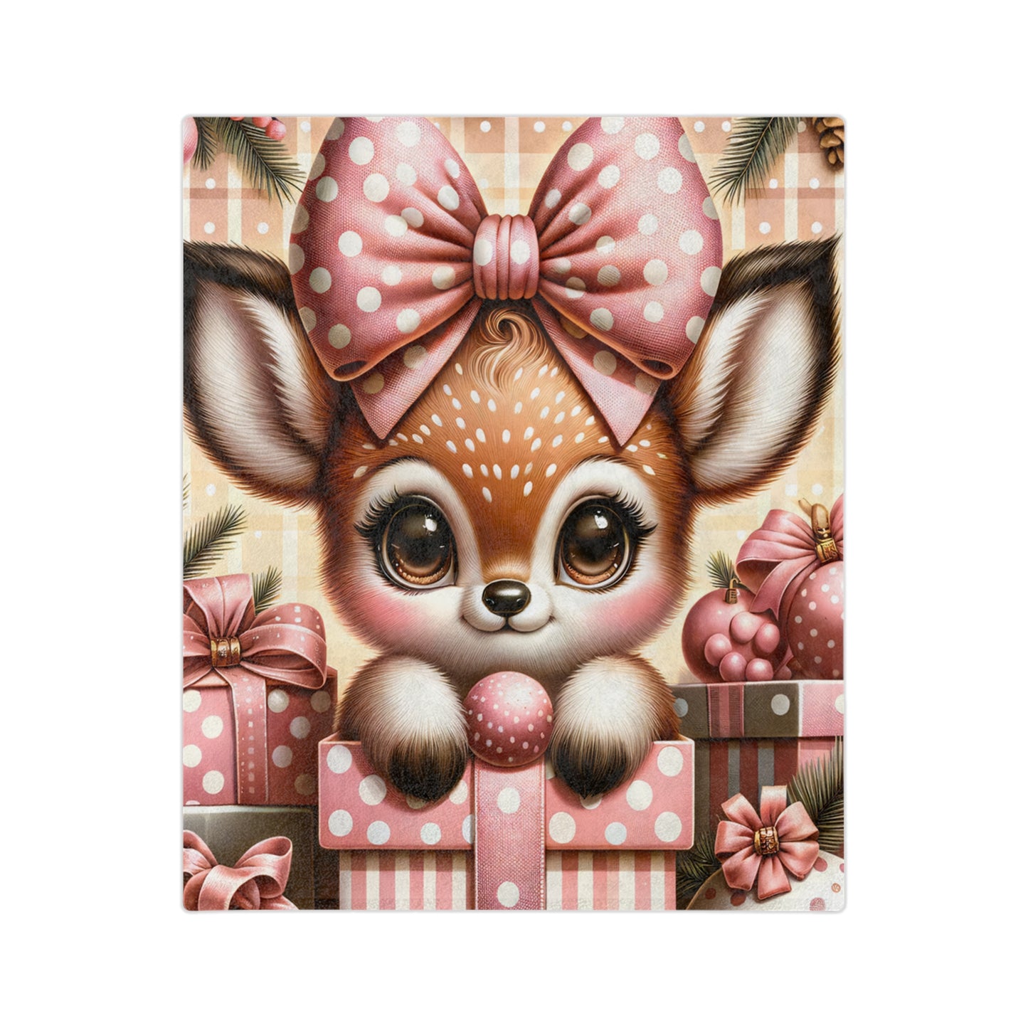 Plush Christmas blanket with cute baby deer in pink bow and polka dot gift box
