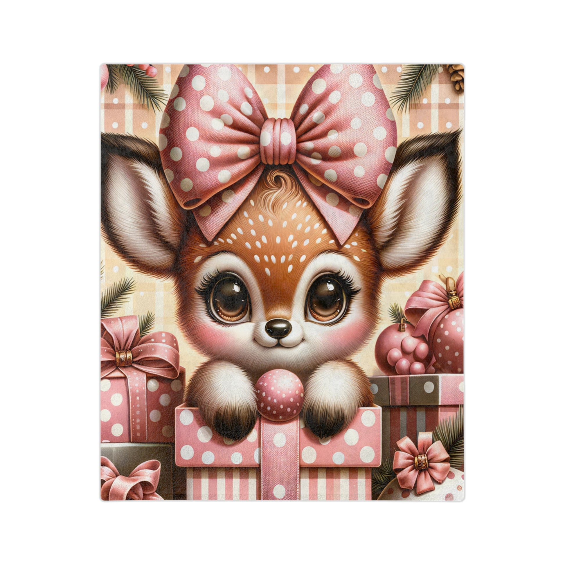 Plush Christmas blanket with cute baby deer in pink bow and polka dot gift box
