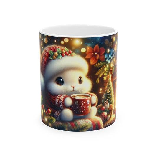 White ceramic coffee mug with a whimsical illustration of a small, fluffy bunny wearing a red and white Santa hat, holding a mug of hot cocoa, surrounded by glowing Christmas lights and decorations.

