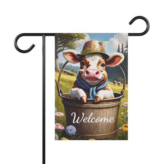 Welcome garden flag with cute cow in a bucket, country farmhouse yard decor with flowers and scenic farm background