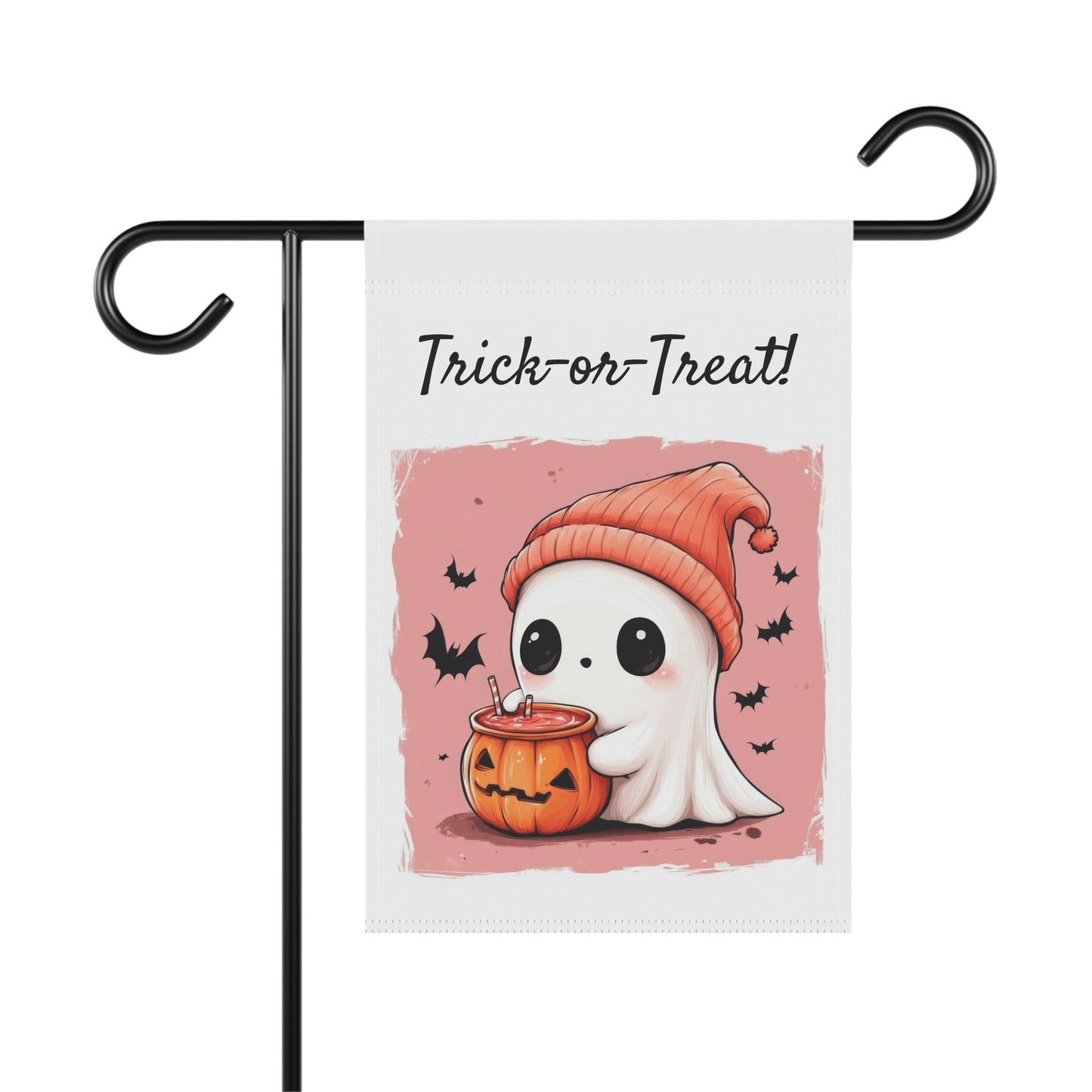 “Trick-or-Treat garden flag with cute ghost in orange beanie holding pumpkin drink on pink background – cozy Halloween yard decoration”