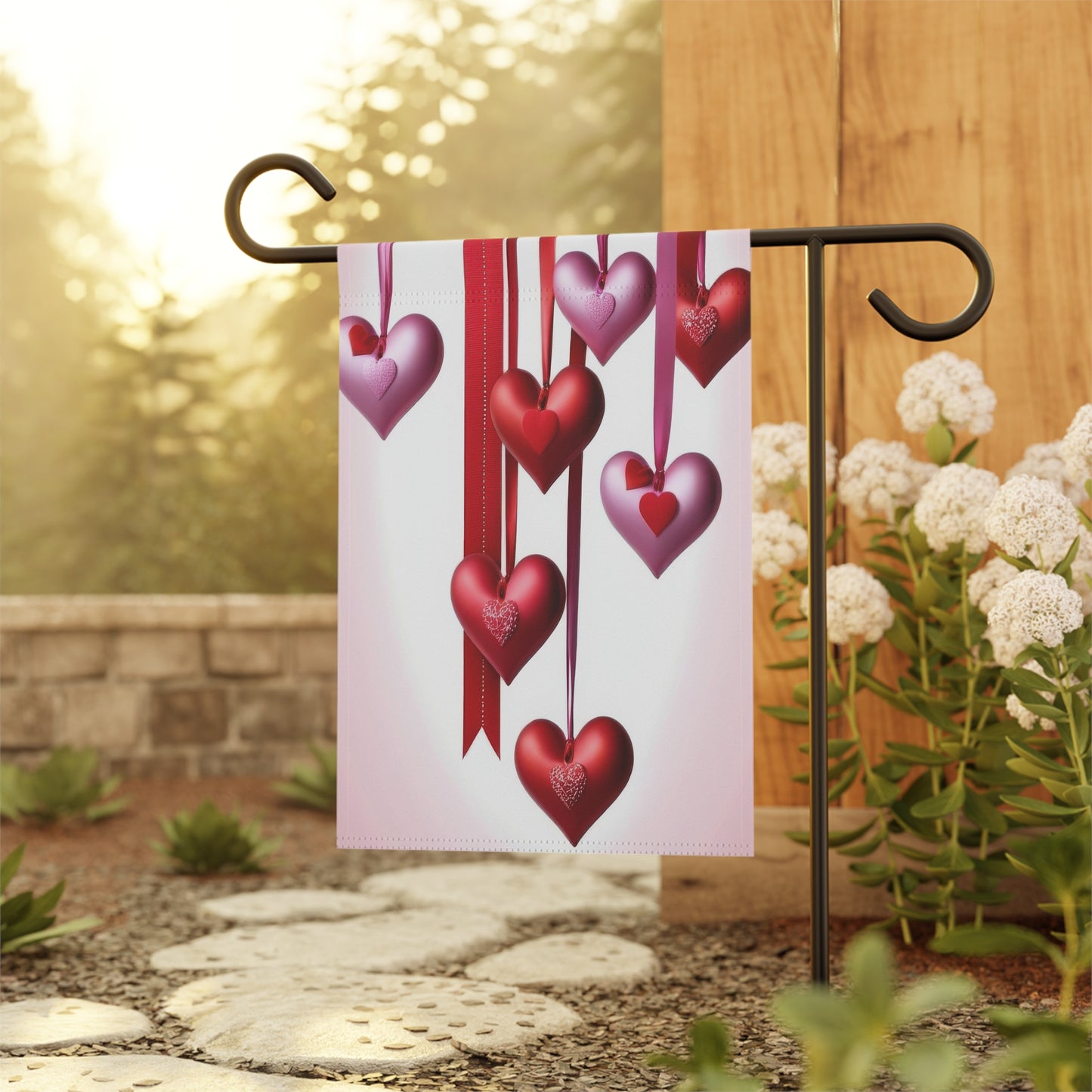 Valentine Garden Flag with Red & Pink Hanging Hearts