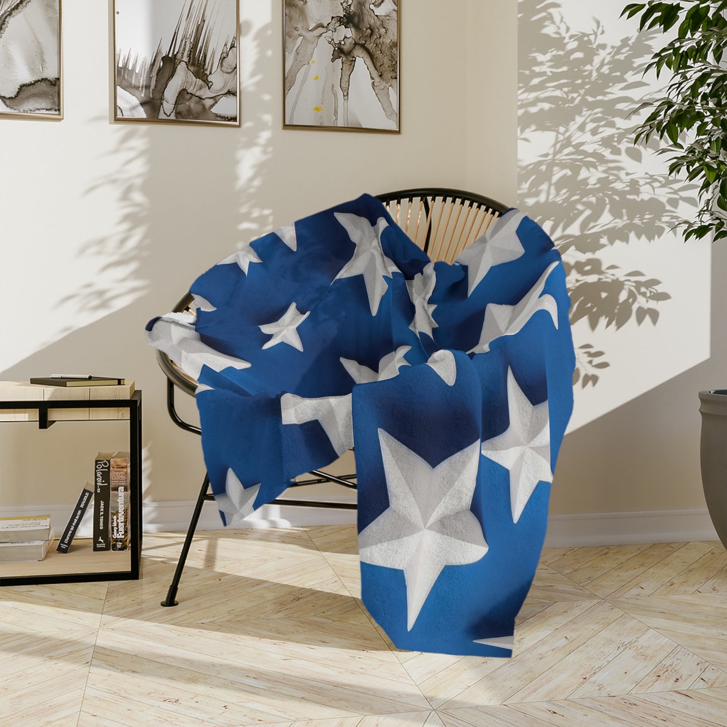 Bold Blue Velveteen Plush Blanket with 3D White Stars