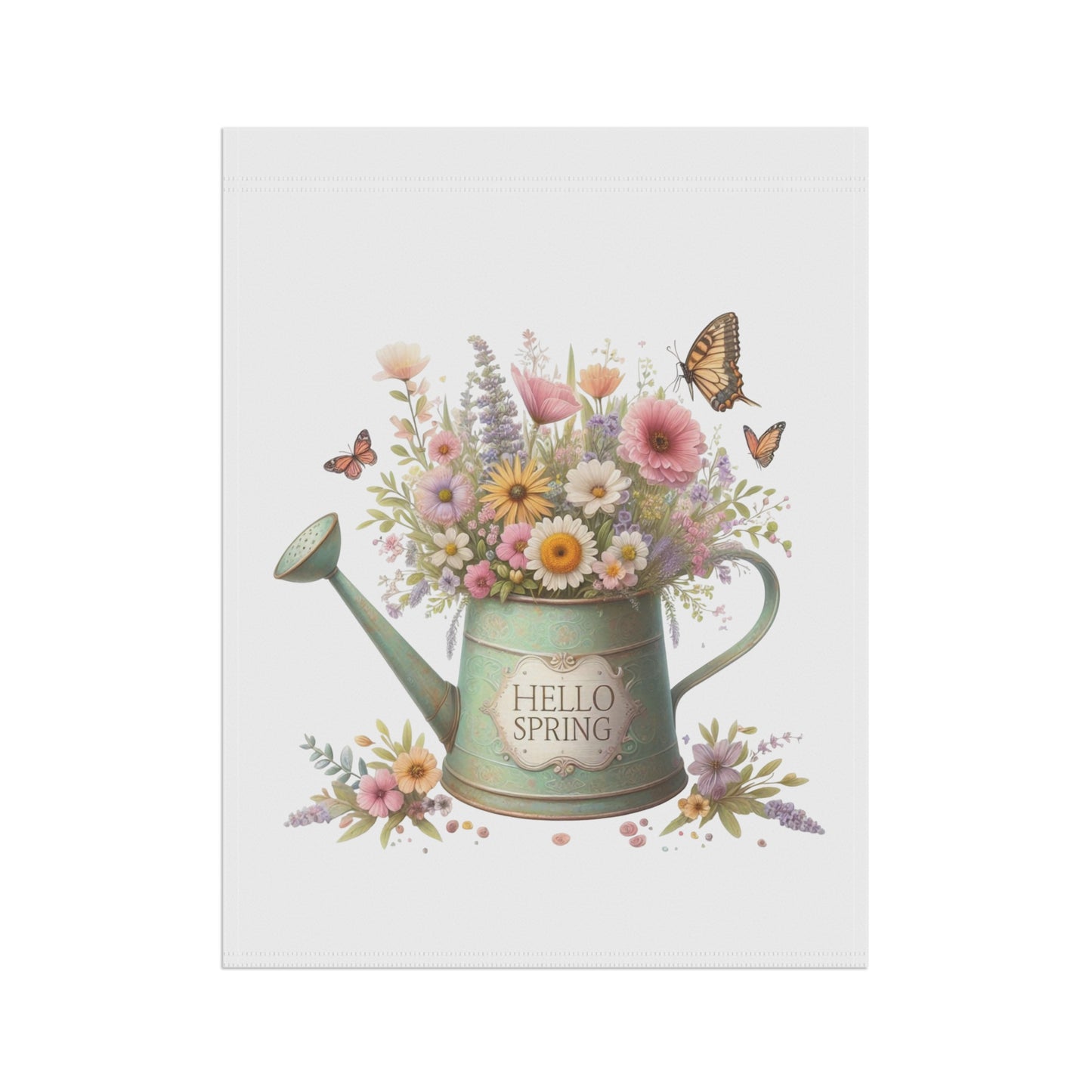 "Hello Spring" Watering Can Garden Flag with Floral Bouquet