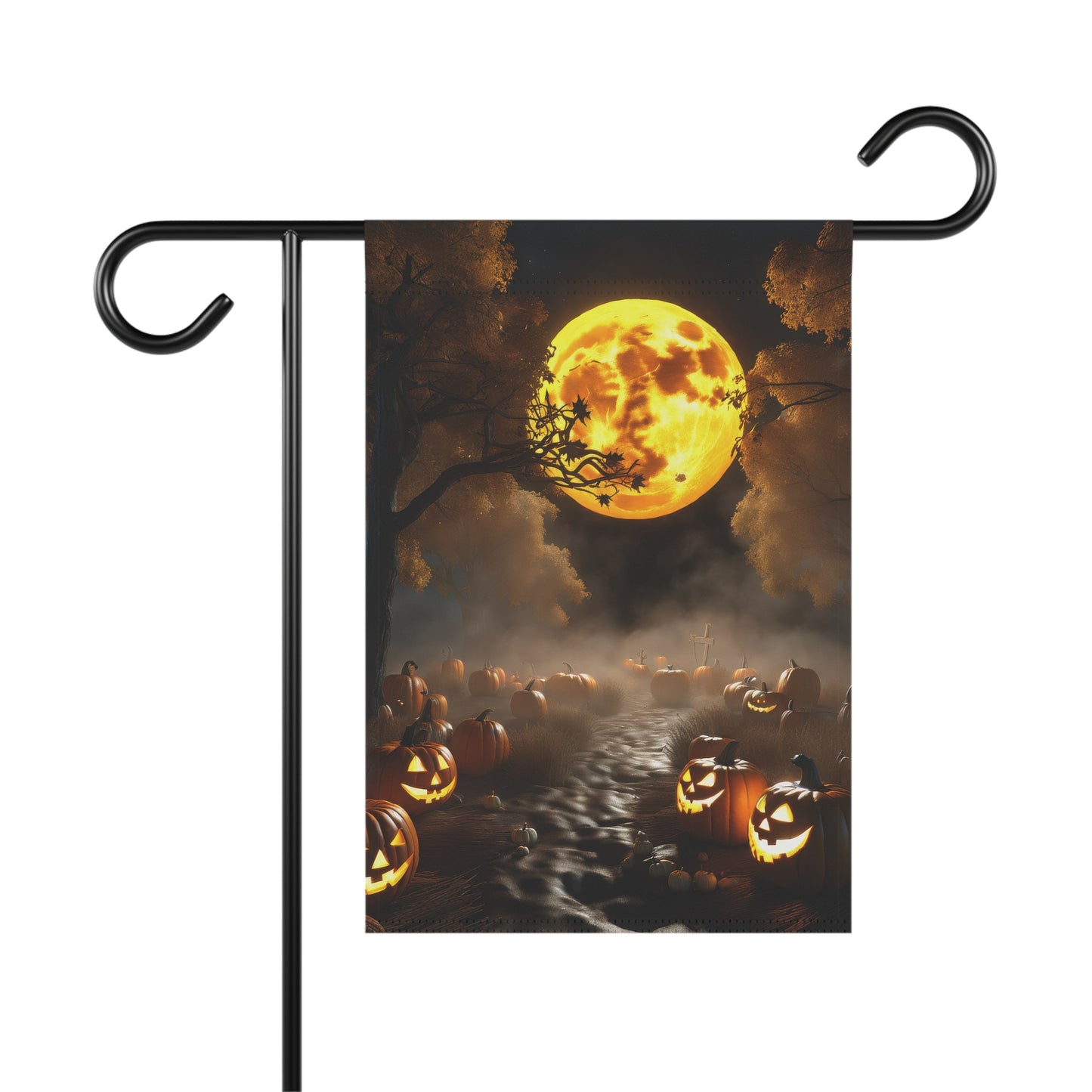 Halloween garden flag with glowing moon, foggy path, and jack-o’-lanterns in spooky forest