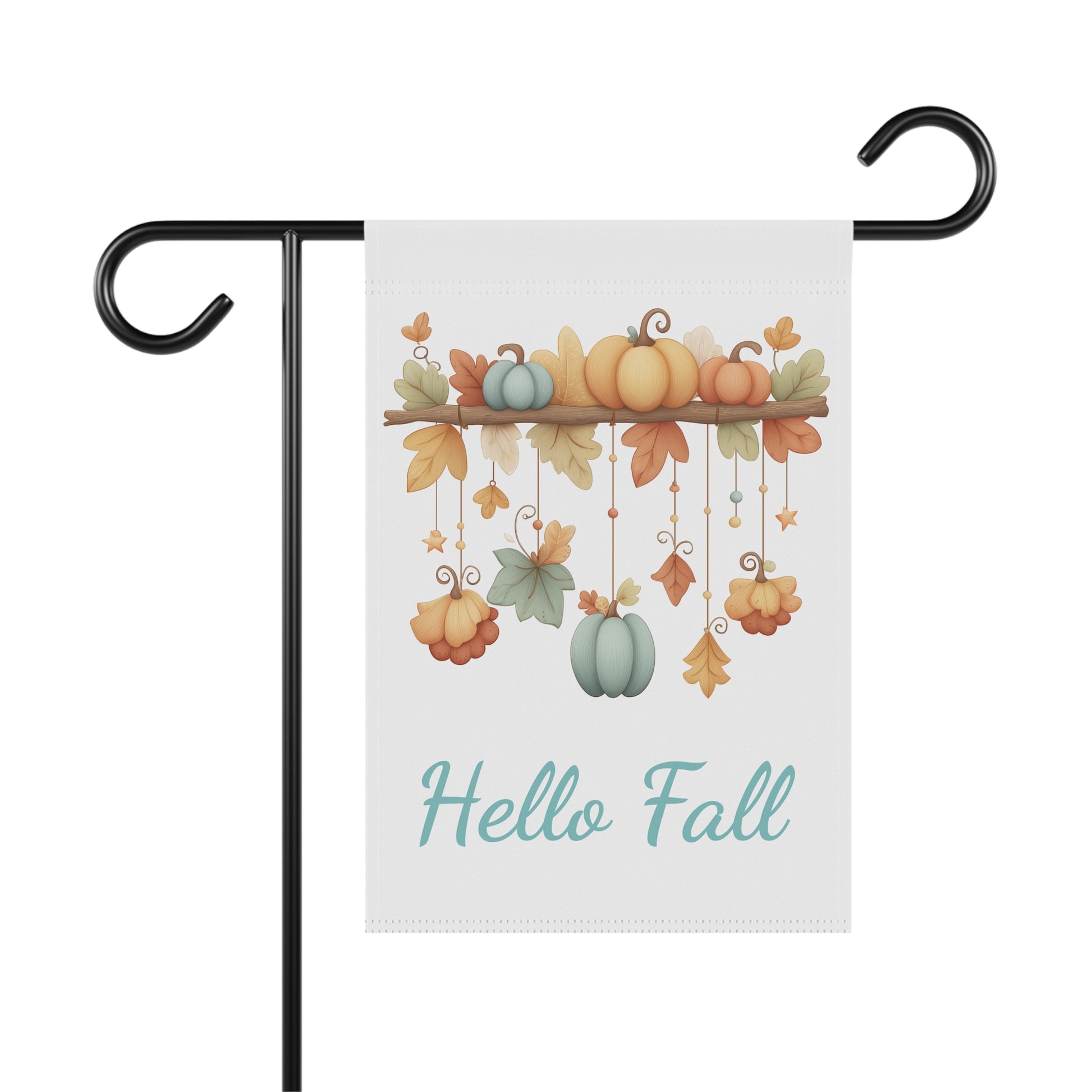 White vertical garden flag on a black metal hanger featuring a watercolor illustration of a branch garland with hanging pastel pumpkins, autumn leaves, and stars under the words Hello Fall in teal script.