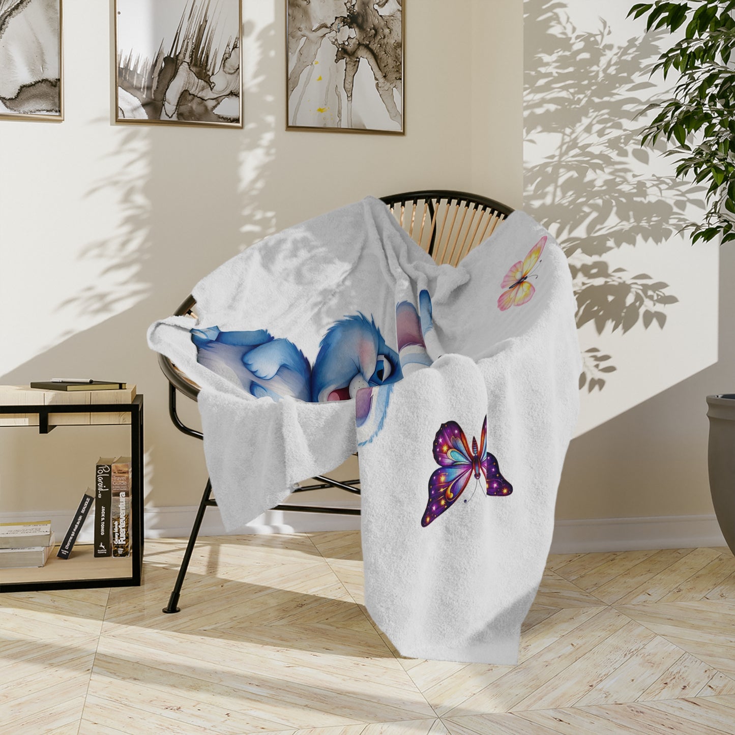 Adorable Blue Bunny & Butterflies Velveteen Blanket