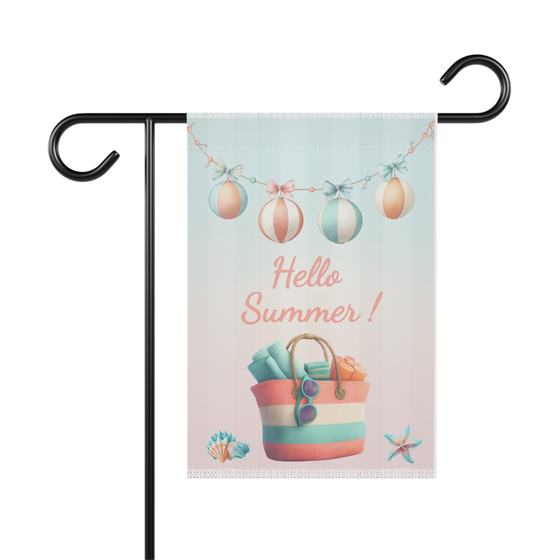 Summer garden flag featuring a pastel beach tote bag filled with rolled towels and sunglasses, sitting under a garland of hanging ornaments with text reading Hello Summer.