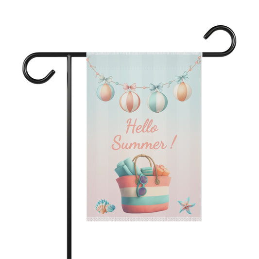 Summer garden flag featuring a pastel beach tote bag filled with rolled towels and sunglasses, sitting under a garland of hanging ornaments with text reading Hello Summer.