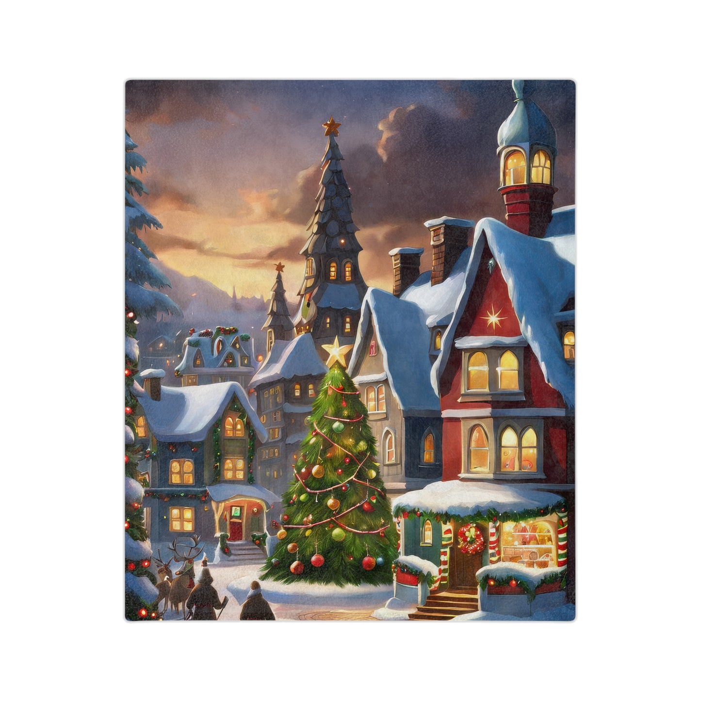 Plush blanket featuring a festive Christmas village with glowing houses, decorated tree, snow, and holiday lights
