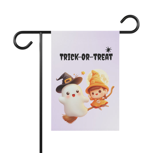 Cute ghost wearing a witch hat floating next to a little witch riding a broomstick below Trick-or-Treat text on a lavender garden flag, Lavender outdoor garden flag on a metal stand featuring cute ghost and witch broomstick artwork with Trick-or-Treat lettering, Cute witch and ghost Halloween yard flag for outdoor front porch and garden decor