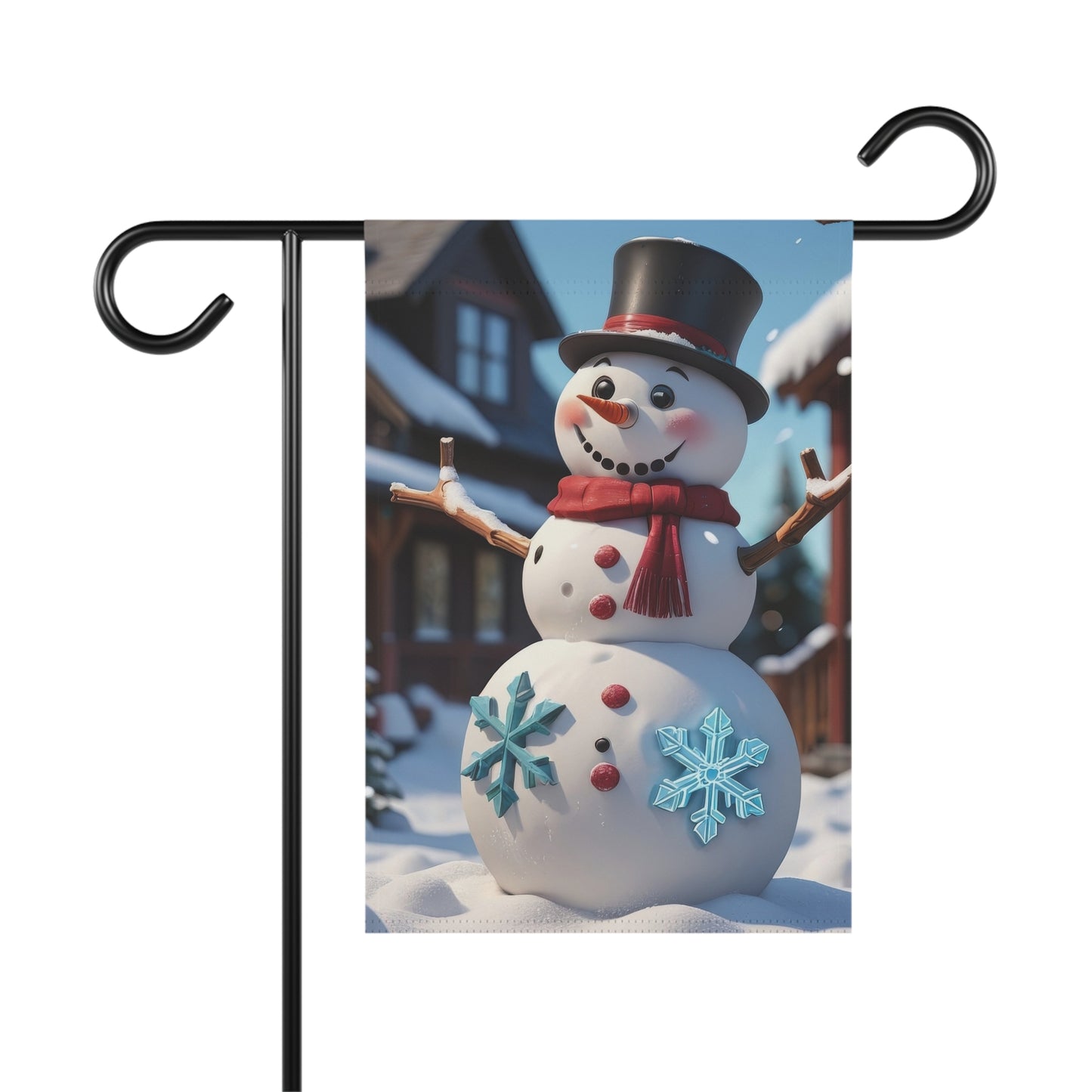 Classic snowman garden flag with a black top hat, red scarf, and blue snowflakes, set in a snowy village scene, on a black metal garden flag stand

